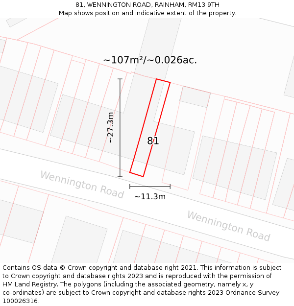 81, WENNINGTON ROAD, RAINHAM, RM13 9TH: Plot and title map