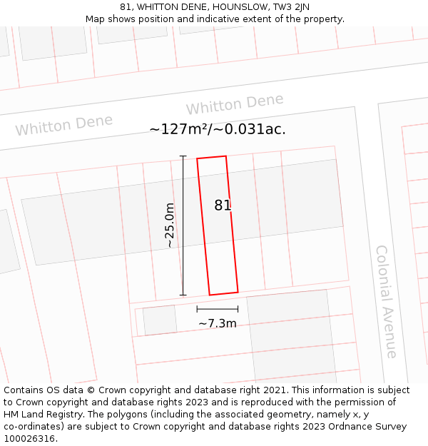 81, WHITTON DENE, HOUNSLOW, TW3 2JN: Plot and title map