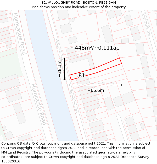 81, WILLOUGHBY ROAD, BOSTON, PE21 9HN: Plot and title map