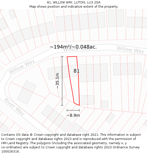 81, WILLOW WAY, LUTON, LU3 2SA: Plot and title map
