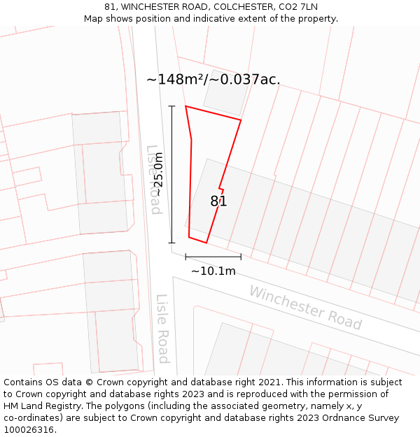 81, WINCHESTER ROAD, COLCHESTER, CO2 7LN: Plot and title map