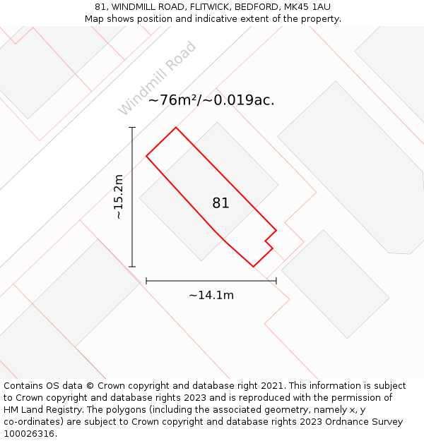 81, WINDMILL ROAD, FLITWICK, BEDFORD, MK45 1AU: Plot and title map