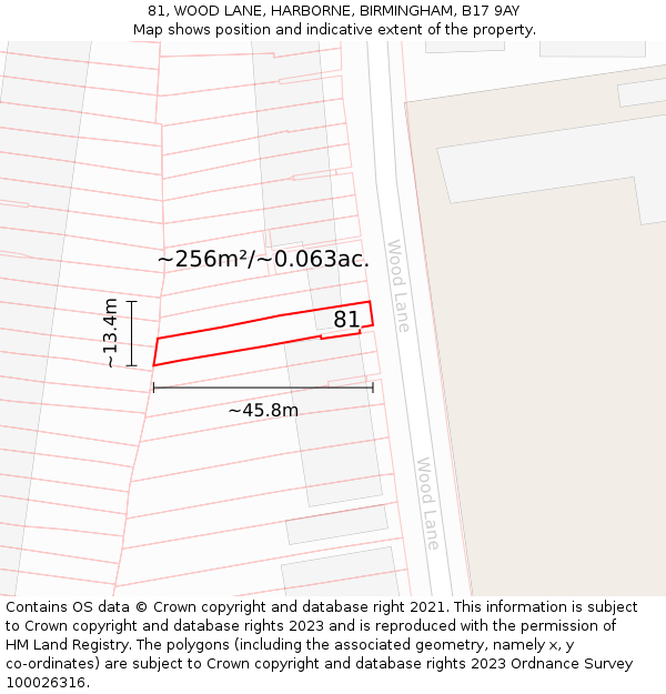 81, WOOD LANE, HARBORNE, BIRMINGHAM, B17 9AY: Plot and title map