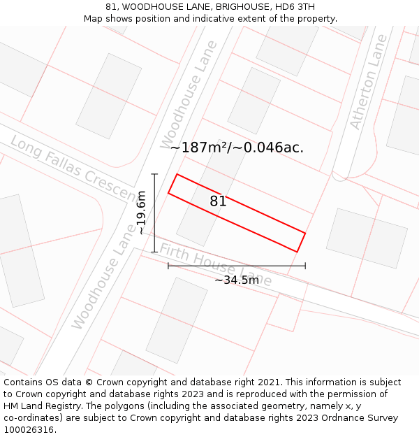 81, WOODHOUSE LANE, BRIGHOUSE, HD6 3TH: Plot and title map