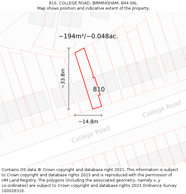 810, COLLEGE ROAD, BIRMINGHAM, B44 0AL: Plot and title map