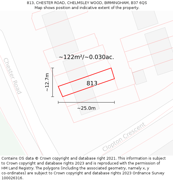 813, CHESTER ROAD, CHELMSLEY WOOD, BIRMINGHAM, B37 6QS: Plot and title map