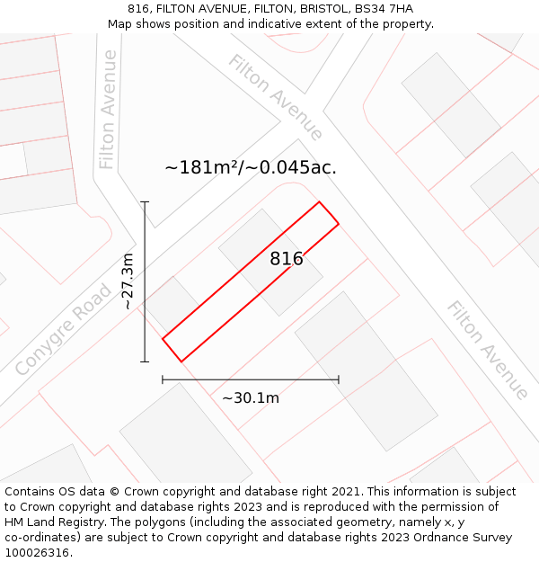 816, FILTON AVENUE, FILTON, BRISTOL, BS34 7HA: Plot and title map