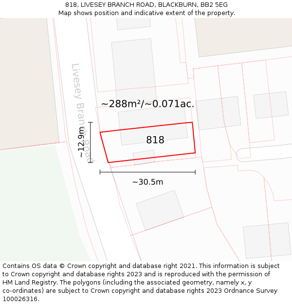 818, LIVESEY BRANCH ROAD, BLACKBURN, BB2 5EG: Plot and title map