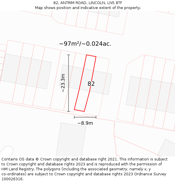 82, ANTRIM ROAD, LINCOLN, LN5 8TF: Plot and title map
