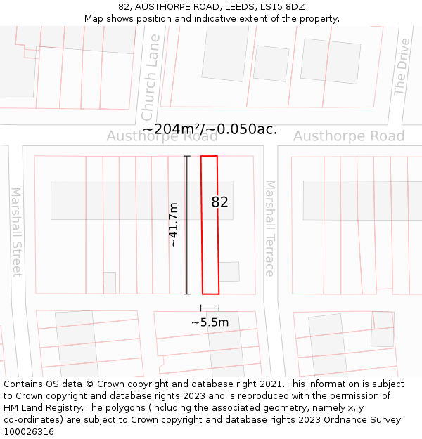 82, AUSTHORPE ROAD, LEEDS, LS15 8DZ: Plot and title map