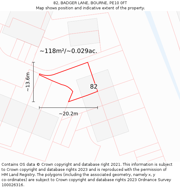 82, BADGER LANE, BOURNE, PE10 0FT: Plot and title map