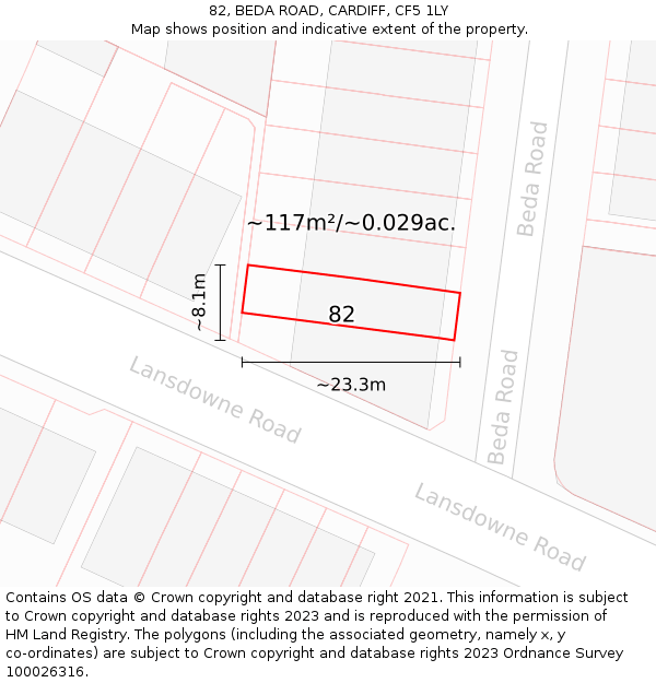 82, BEDA ROAD, CARDIFF, CF5 1LY: Plot and title map