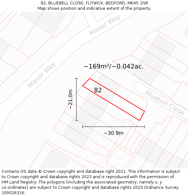 82, BLUEBELL CLOSE, FLITWICK, BEDFORD, MK45 1NR: Plot and title map