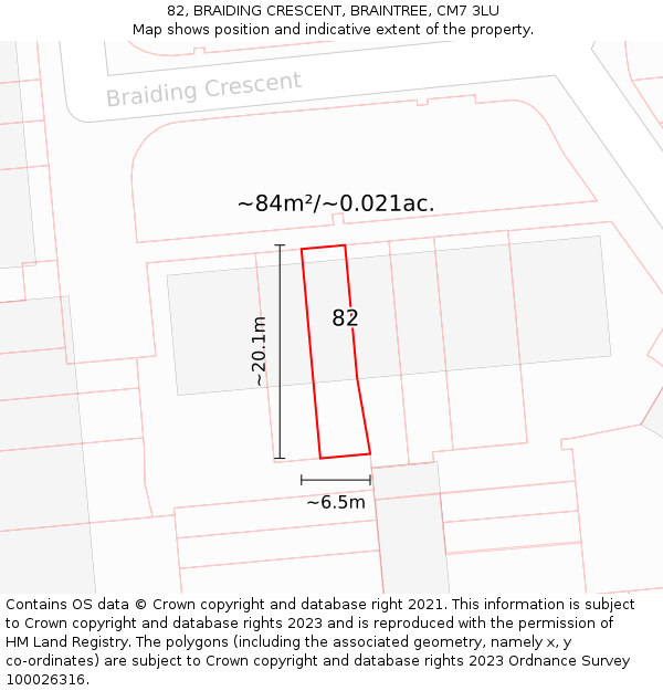 82, BRAIDING CRESCENT, BRAINTREE, CM7 3LU: Plot and title map
