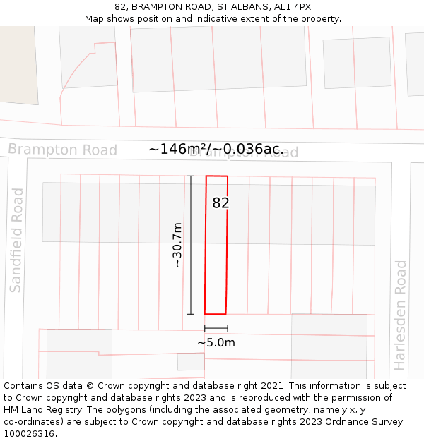 82, BRAMPTON ROAD, ST ALBANS, AL1 4PX: Plot and title map