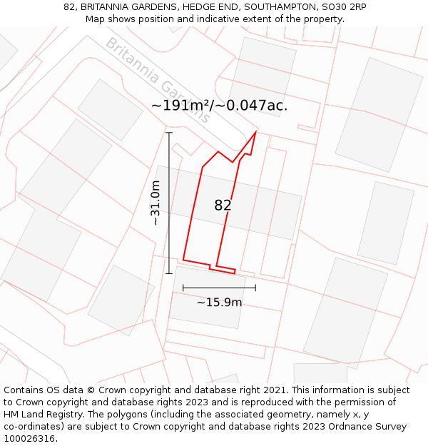 82, BRITANNIA GARDENS, HEDGE END, SOUTHAMPTON, SO30 2RP: Plot and title map