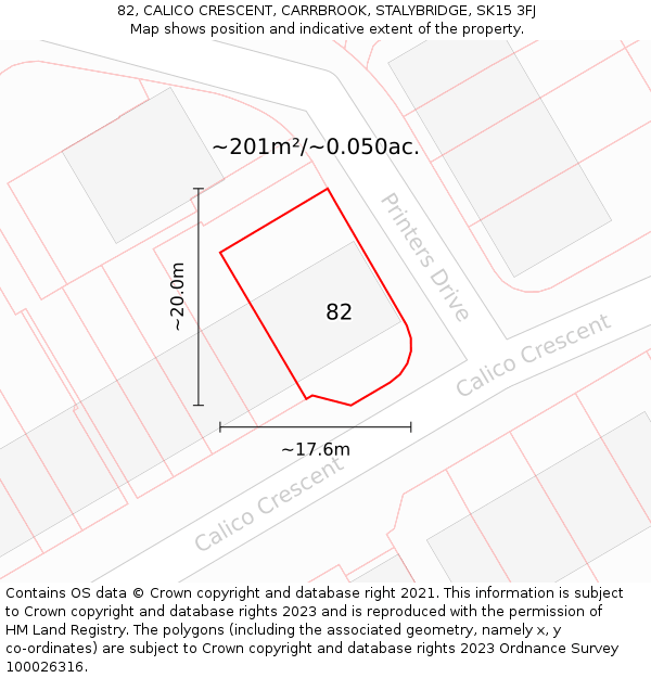 82, CALICO CRESCENT, CARRBROOK, STALYBRIDGE, SK15 3FJ: Plot and title map