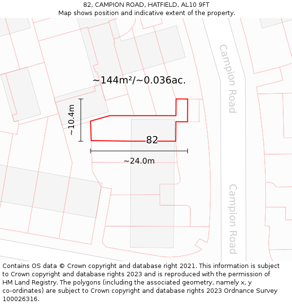 82, CAMPION ROAD, HATFIELD, AL10 9FT: Plot and title map