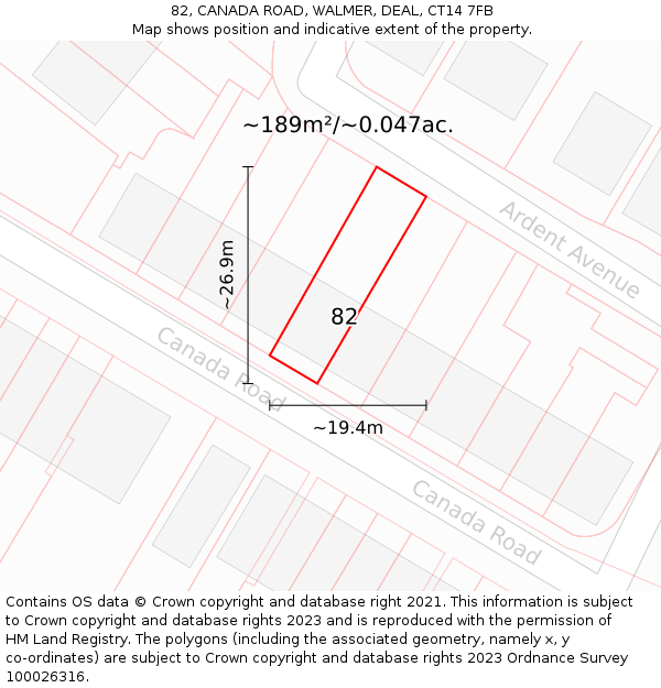 82, CANADA ROAD, WALMER, DEAL, CT14 7FB: Plot and title map
