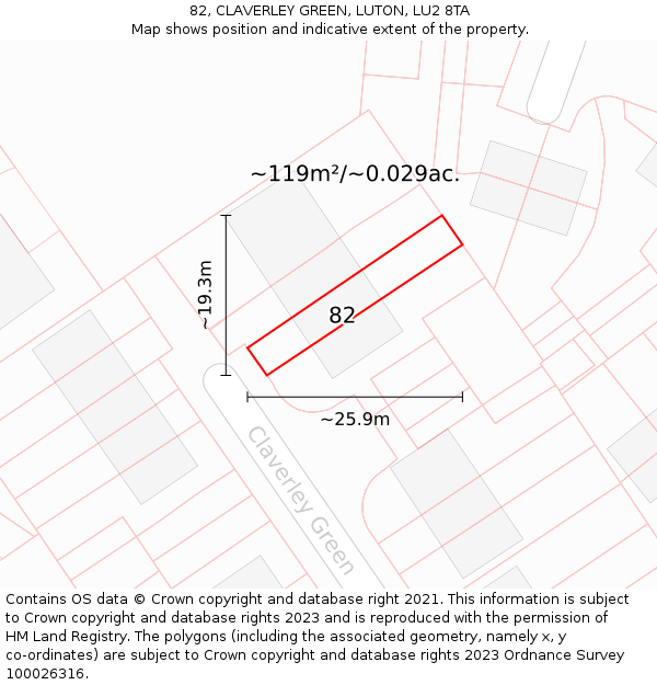 82, CLAVERLEY GREEN, LUTON, LU2 8TA: Plot and title map