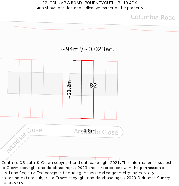 82, COLUMBIA ROAD, BOURNEMOUTH, BH10 4DX: Plot and title map