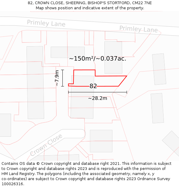82, CROWN CLOSE, SHEERING, BISHOP'S STORTFORD, CM22 7NE: Plot and title map