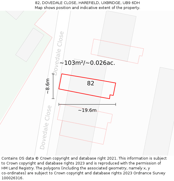 82, DOVEDALE CLOSE, HAREFIELD, UXBRIDGE, UB9 6DH: Plot and title map