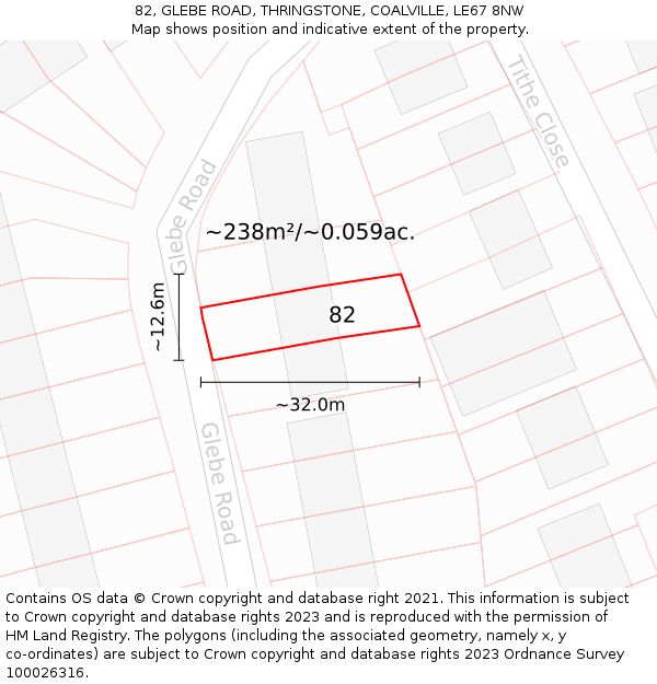 82, GLEBE ROAD, THRINGSTONE, COALVILLE, LE67 8NW: Plot and title map