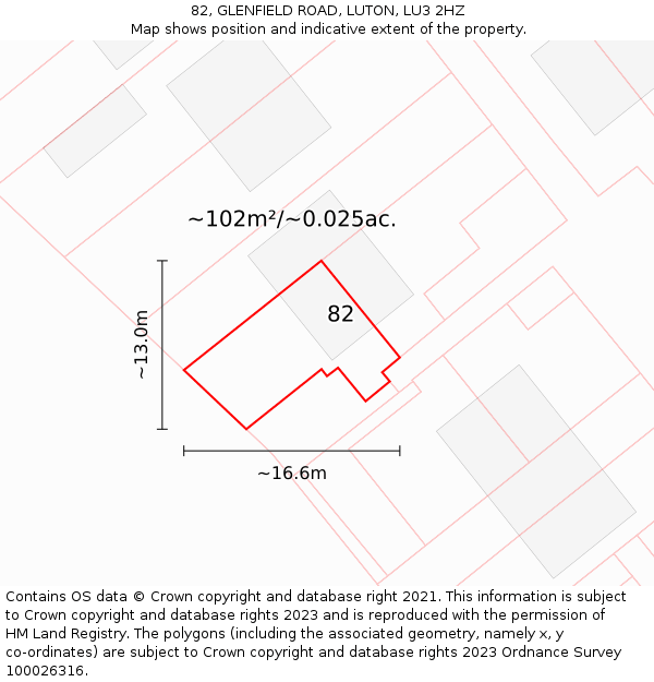 82, GLENFIELD ROAD, LUTON, LU3 2HZ: Plot and title map