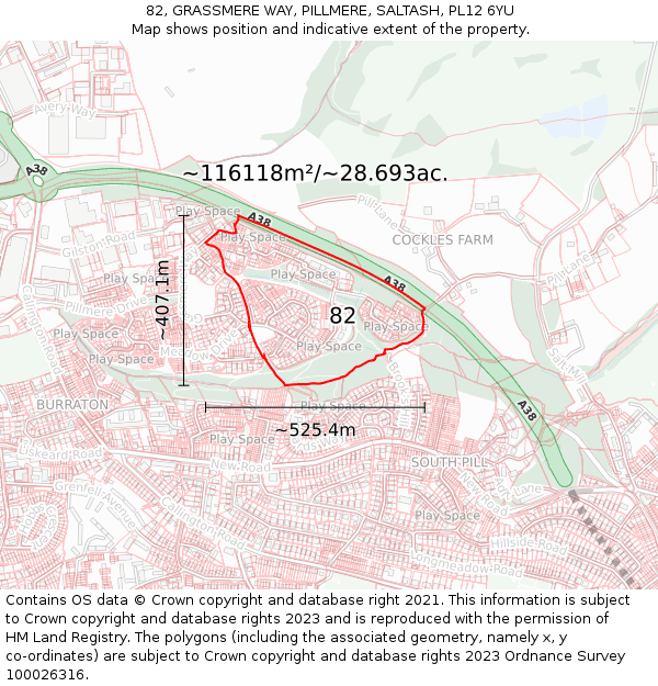 82, GRASSMERE WAY, PILLMERE, SALTASH, PL12 6YU: Plot and title map