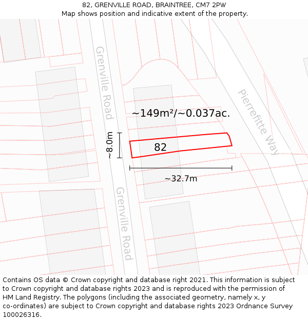 82, GRENVILLE ROAD, BRAINTREE, CM7 2PW: Plot and title map