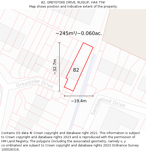 82, GREYSTOKE DRIVE, RUISLIP, HA4 7YW: Plot and title map