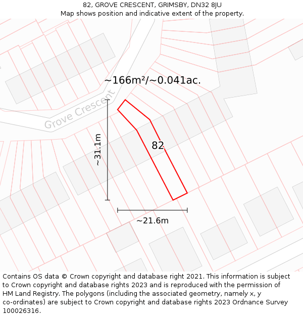 82, GROVE CRESCENT, GRIMSBY, DN32 8JU: Plot and title map