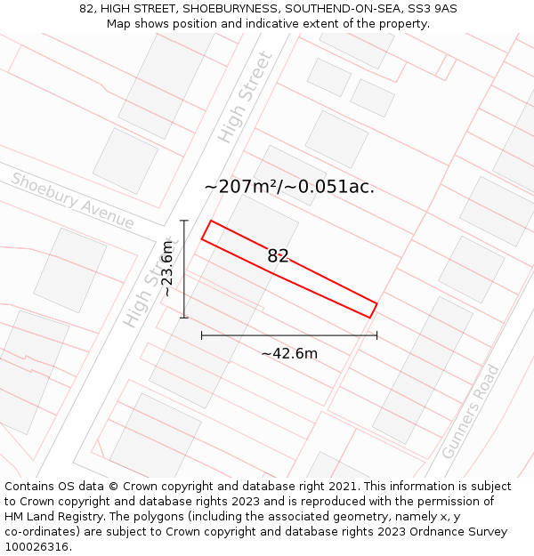 82, HIGH STREET, SHOEBURYNESS, SOUTHEND-ON-SEA, SS3 9AS: Plot and title map