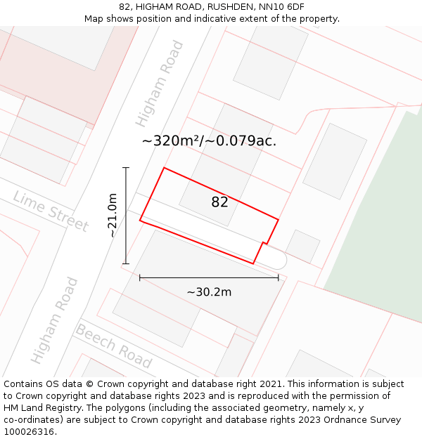82, HIGHAM ROAD, RUSHDEN, NN10 6DF: Plot and title map