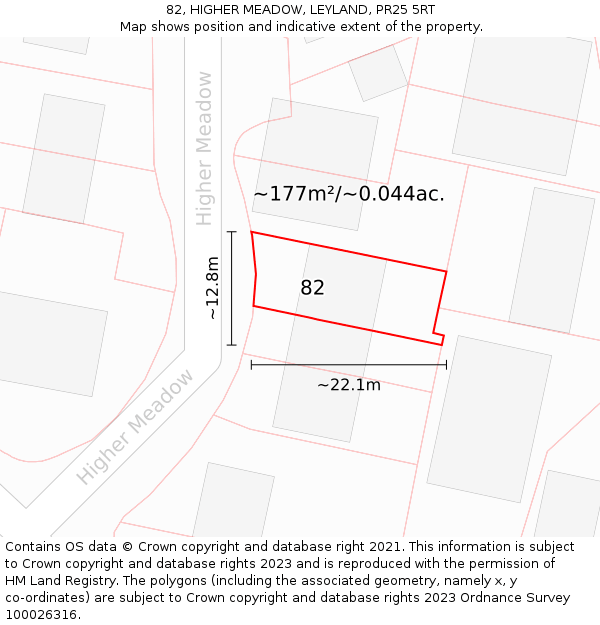 82, HIGHER MEADOW, LEYLAND, PR25 5RT: Plot and title map