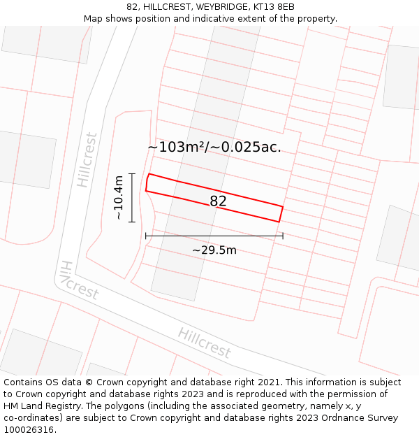 82, HILLCREST, WEYBRIDGE, KT13 8EB: Plot and title map