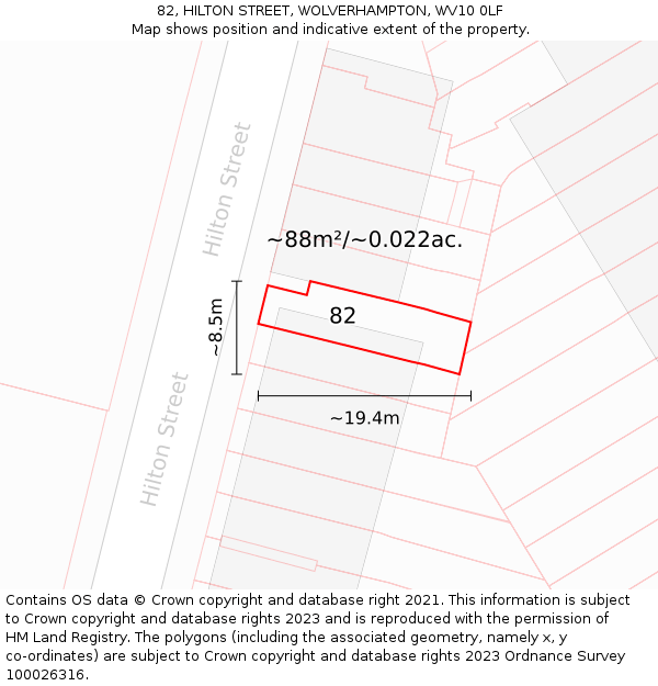 82, HILTON STREET, WOLVERHAMPTON, WV10 0LF: Plot and title map