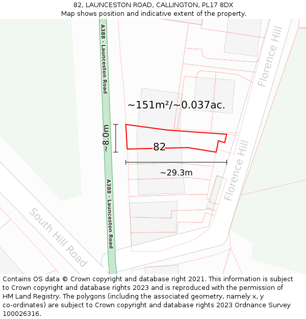 82, LAUNCESTON ROAD, CALLINGTON, PL17 8DX: Plot and title map