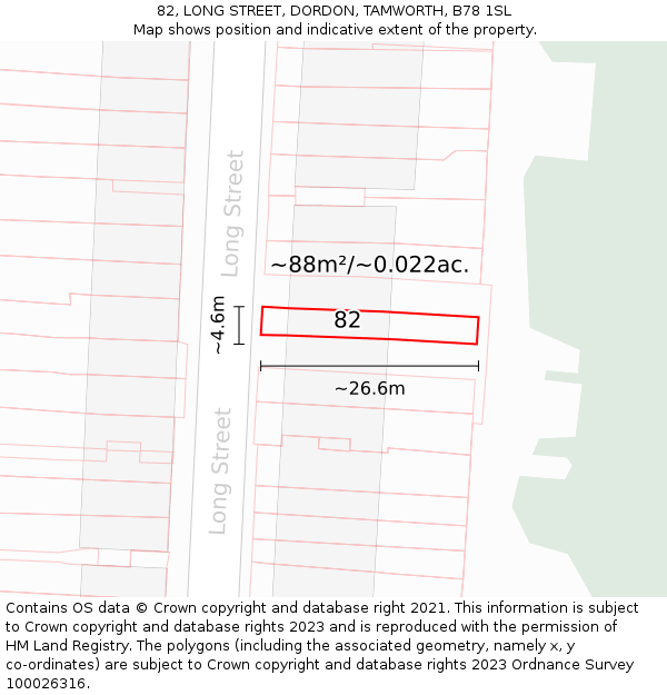 82, LONG STREET, DORDON, TAMWORTH, B78 1SL: Plot and title map