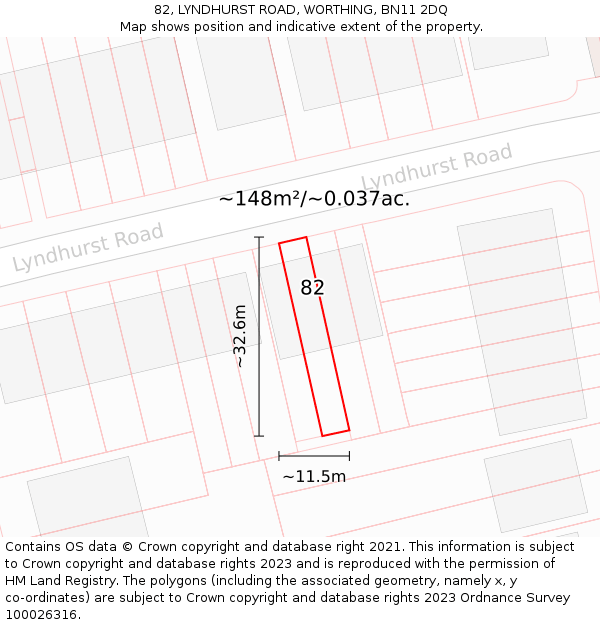 82, LYNDHURST ROAD, WORTHING, BN11 2DQ: Plot and title map