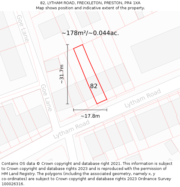 82, LYTHAM ROAD, FRECKLETON, PRESTON, PR4 1XA: Plot and title map