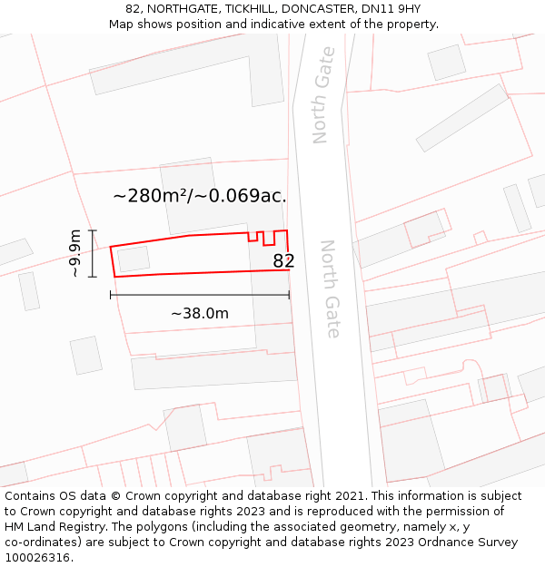 82, NORTHGATE, TICKHILL, DONCASTER, DN11 9HY: Plot and title map