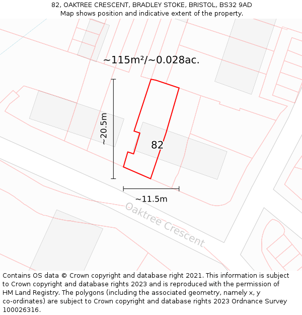 82, OAKTREE CRESCENT, BRADLEY STOKE, BRISTOL, BS32 9AD: Plot and title map