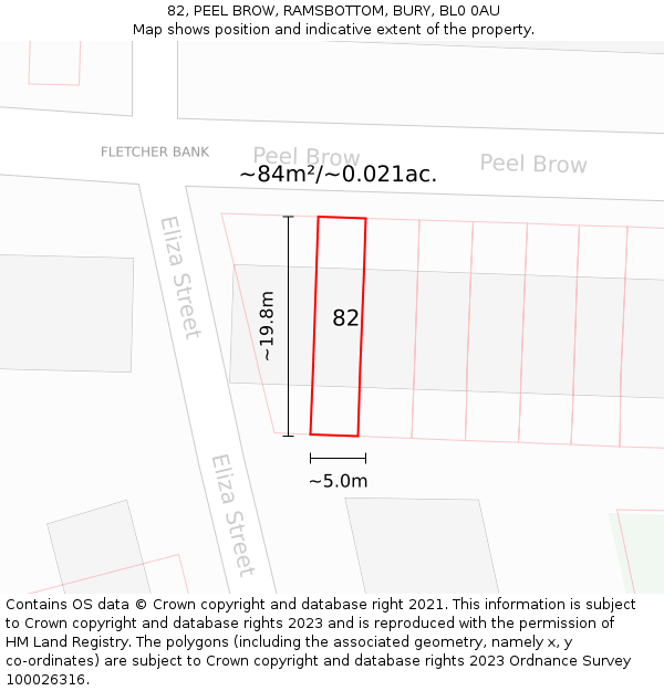 82, PEEL BROW, RAMSBOTTOM, BURY, BL0 0AU: Plot and title map