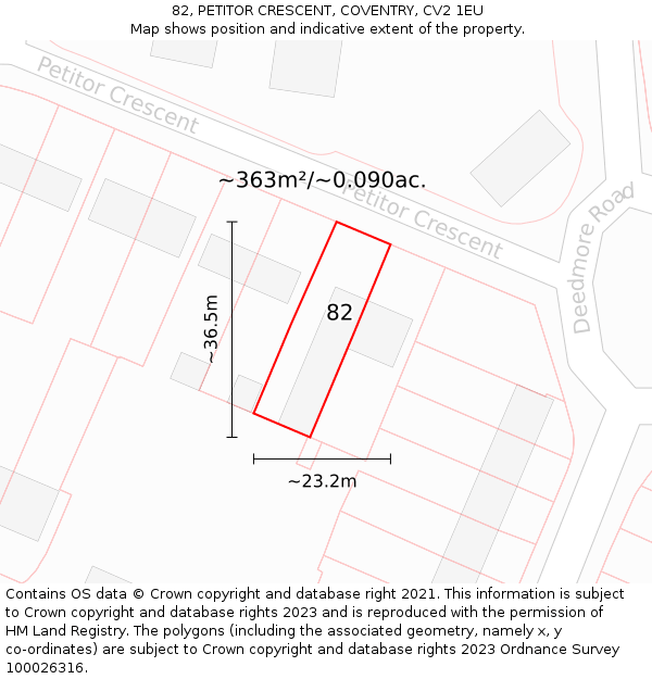 82, PETITOR CRESCENT, COVENTRY, CV2 1EU: Plot and title map