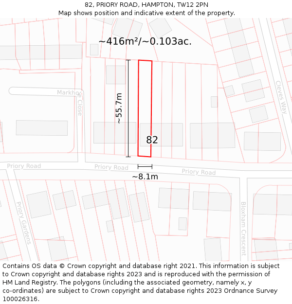 82, PRIORY ROAD, HAMPTON, TW12 2PN: Plot and title map