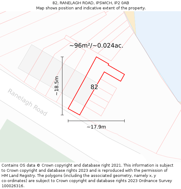 82, RANELAGH ROAD, IPSWICH, IP2 0AB: Plot and title map