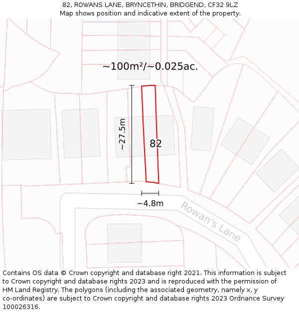 82, ROWANS LANE, BRYNCETHIN, BRIDGEND, CF32 9LZ: Plot and title map
