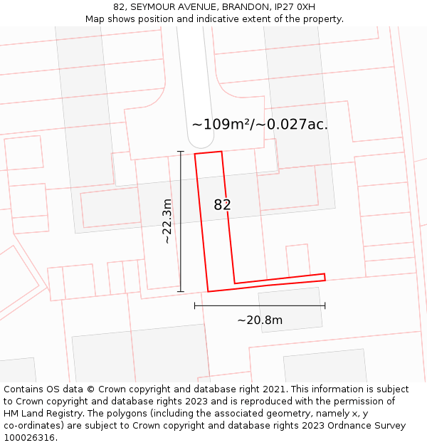 82, SEYMOUR AVENUE, BRANDON, IP27 0XH: Plot and title map